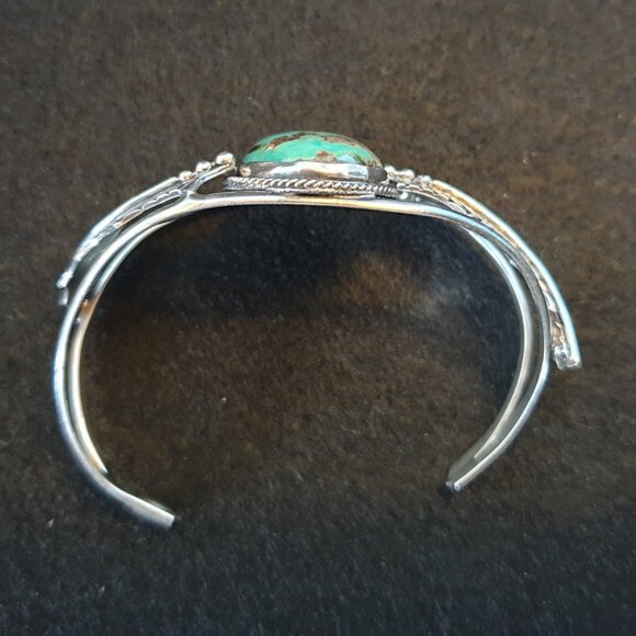 Vintage Pre-1950s Native American Sterling Genuine Turquoise Feather Bracelet - Picture 7 of 14